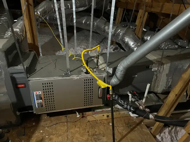A Lennox furnace installed in an attic with a yellow gas flex line and flue pipe